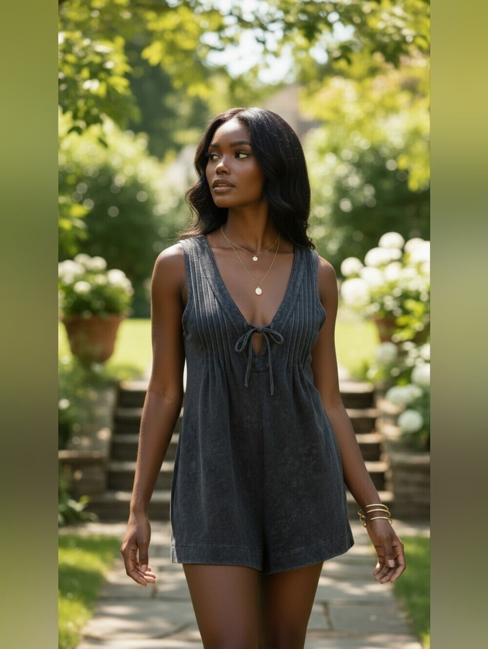 Veveret Charcoal Wash Denim Pintuck Tie-Front Romper Size L